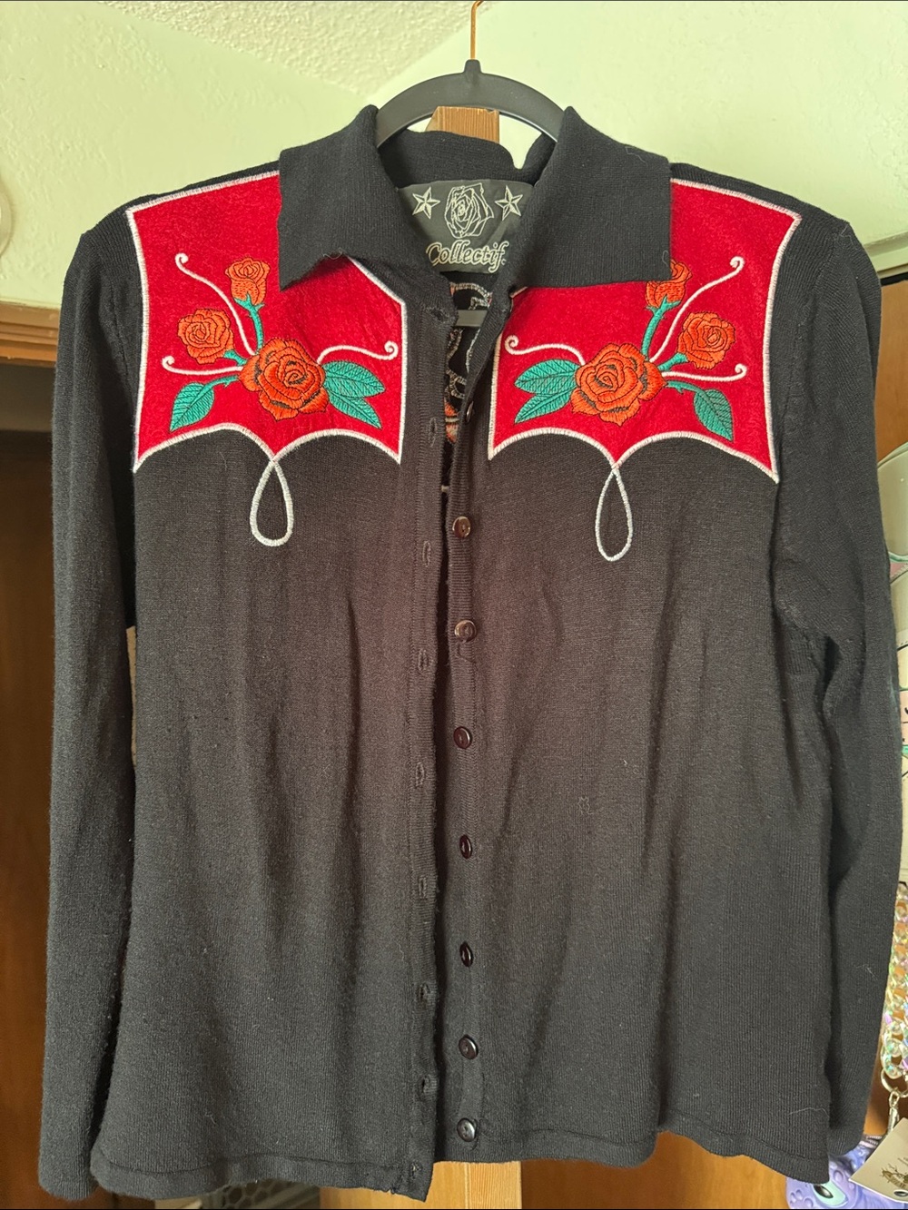 Collectif Black Button-Up Shirt with Red Rose Embroidery